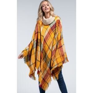 Women's Yellow Oversized Plaid Turtle Neck Poncho.